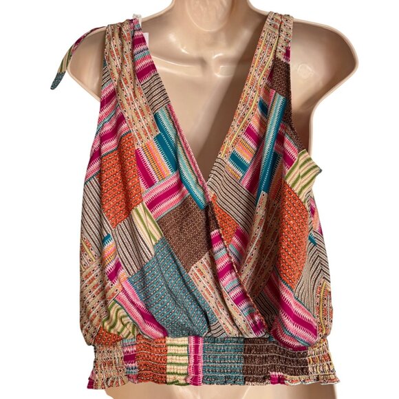 Rose + Olive Cropped Size Medium Tank V Neck Print NWT Elastic Wide Waist - Picture 2 of 9